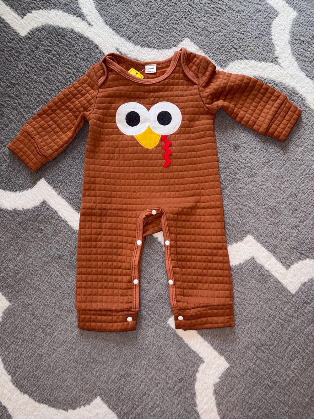 Quilted Brown Baby One-Piece Footie with Playful Turkey Applique
